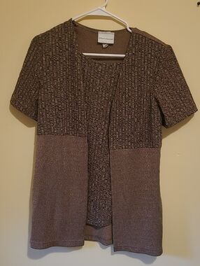 Alfred Dunner Taupe-Brown Short Sleeve Open-Front Knit Cardigan